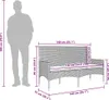 A diagram showing the dimensions of a 3-seater garden bench with a person for scale. Anteprima dell’immagine prodotto