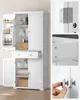 A white storage cabinet with its doors open, displaying its contents and details of its construction. The image is divided into sections, showcasing different parts of the cabinet. Náhled obrázku produktu