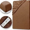 A close-up view of a brown fitted sheet, with inset images showing a corner detail and a label. Produktbild-Vorschau