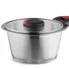 A close-up, studio shot of a stainless steel pot with a glass lid and a red and black handle. Produktbild-Vorschau