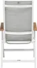 A white outdoor chair with a grey fabric seat and back, and wooden armrests, shown from the back. Produktbild-Vorschau