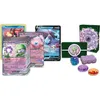 A collection of Pokemon trading cards and accessories, including dice and damage counters, laid out on a white background. Podgląd zdjęcia produktu