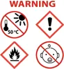 Four safety warning symbols are displayed on a white background, with the word "WARNING" at the top. Produktbild-Vorschau