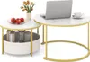 Two round coffee tables with marble-look tops and gold legs, one with a fabric storage basket underneath. Podgląd zdjęcia produktu