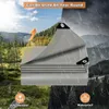 A split image showing a tarp in a sunny, mountainous landscape on the left and in a rainy, mountainous landscape on the right. Icons indicating UV resistance and waterproof properties are shown. Produktbild-Vorschau