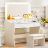 A white vanity table with a lighted mirror, drawers, and a stool, set in a room. Produktbild-Vorschau