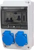 A white electrical distribution box with two blue outlets and circuit breakers visible under a clear cover. Produktbild-Vorschau
