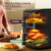 A person is preparing food in a kitchen while a multi-level air fryer is shown cooking different food items on each level. Produktbild-Vorschau