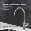 A close-up shot of a modern kitchen faucet with text overlays describing its design and origin. Produktbild-Vorschau