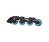 A close-up side view of a black inline skate frame with four blue wheels. Produktbild-Vorschau