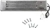 A silver and gray quartz heater with its accessories, including screws and wall plugs, laid out on a white background. Produktbild-Vorschau
