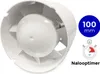 A white ventilation fan with text overlays indicating its size and a stopwatch icon with text below it. Produktbild-Vorschau