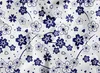 A seamless pattern of blue cherry blossoms and leaves on a white background. Produktbild-Vorschau