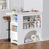 A white bar table with shelves, a stool, and a dog bed area, set in a room. Produktbild-Vorschau
