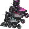 Three pairs of inline skates are displayed in a stacked arrangement against a white background. Each pair is a different color: pink, raspberry, and turquoise. Voir les images du produit