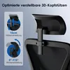 Close-up view of an office chair's adjustable headrest, with inset diagrams illustrating height and angle adjustments. Produktbild-Vorschau