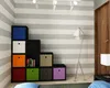 A modern room with a striped wall, a modular shelving unit filled with colorful bins, and a floor lamp. Produktbild-Vorschau