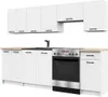 A white modular kitchen set with a stove and sink, presented against a white background. Podgląd zdjęcia produktu