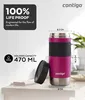 A pink Contigo travel mug with a black grip and lid, shown on a shelf with dimensions indicated. Anteprima dell’immagine prodotto