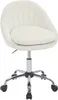 A beige velvet office chair with a chrome base and wheels.