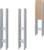Three metal H-shaped post anchors are shown against a white background. One of the anchors has a piece of wood inserted into it.