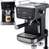 A collage of an espresso machine, showing it in use and a close-up of its digital display. Produktbild-Vorschau