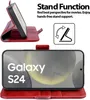 A red flip case for a Samsung Galaxy S24 phone is shown in two configurations: one open and folded to act as a stand, and another showing the phone inside the case. Text describes the stand function. Produktbild-Vorschau