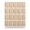 A white metal locker unit with 20 wooden-effect doors, each with a silver handle and lock. Voir les images du produit