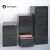 Three black metal filing cabinets of different heights are arranged on a white background. One cabinet has its bottom drawer open, revealing red and white file dividers. A logo and text are in the top left corner. Produktbild-Vorschau