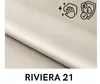 A close-up of beige velour fabric with icons indicating cleaning and water resistance, and the text 'RIVIERA 21' below. Produktbild-Vorschau
