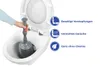 A hand is using a plunger in a toilet bowl, with text overlays describing the product's benefits. Produktbild-Vorschau