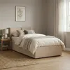 A bedroom scene with a bed, nightstand, and curtains. Produktbild-Vorschau
