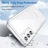 A clear phone case is shown at an angle, with text overlay describing its features. The background depicts a cloudy sky and cracked ground. Produktbild-Vorschau