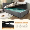 A bed with its storage compartment open, showing items stored inside. The image also includes a close-up of the bed's hydraulic frame and icons representing storage options. Náhľad obrázku produktu