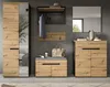 A modern entryway set with a tall cabinet, a bench with storage, a mirror, and a wall-mounted coat rack. Produktbild-Vorschau