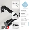 A collage of images showing a black curtain rod and its mounting bracket, with inset images highlighting different aspects of the product and text describing its features. Produktbild-Vorschau