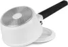 The bottom of a white saucepan with a black handle is shown against a white background. A white lid is partially visible underneath the saucepan. Anteprima dell’immagine prodotto