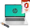 A laptop computer with the HP logo on the screen, next to a box of Microsoft Office 2024 software and two pens. Produktbild-Vorschau