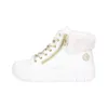 A side view of a white high-top sneaker with gold accents and cream-colored faux fur trim. Produktbild-Vorschau