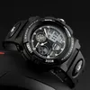 A black SKMEI digital sports watch is displayed against a dark background. Produktbild-Vorschau