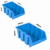 Two blue plastic storage bins with dimensions labeled. Produktbild-Vorschau