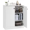 A white sideboard cabinet with one door open, revealing shelves with books and a basket. Decorative items are on top of the cabinet. Podgląd zdjęcia produktu