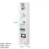A tall, narrow white bookshelf with several decorative items on its shelves, shown against a white background with dimension labels. Produktbild-Vorschau