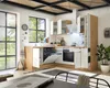 A modern kitchen with white cabinets and wood accents, featuring a dishwasher and oven. Produktbild-Vorschau