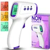 A collage of a non-contact infrared thermometer and its packaging, with close-ups of the thermometer's display showing different temperature readings. Produktbild-Vorschau