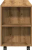 A front view of a wooden cabinet with two shelves and wheels. Produktbild-Vorschau