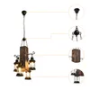 A vintage-style chandelier with a wooden beam and four lantern-shaped lights, shown with close-up details of its components. Produktbild-Vorschau