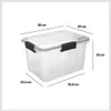A clear, well-lit image of a transparent plastic storage box with black latches, showing its dimensions. Podgląd zdjęcia produktu