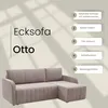 A marketing image of a beige corner sofa with text overlays detailing its features. Produktbild-Vorschau