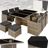 A collection of images showing a rattan furniture set, including a table and chairs, with a protective cover and water droplets. Náhled obrázku produktu